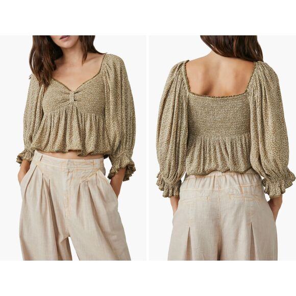 Free People Womens Brittnee Print Smocked Back Peplum Top Floral Size Large - Picture 1 of 9